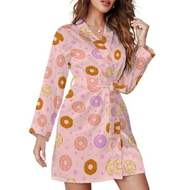 Short Robes Long Sleeve for Women, Donuts Breathable Women's Belted Bathrobe Nightgown V Neck Sleepwear Loungewear Dressing Gown