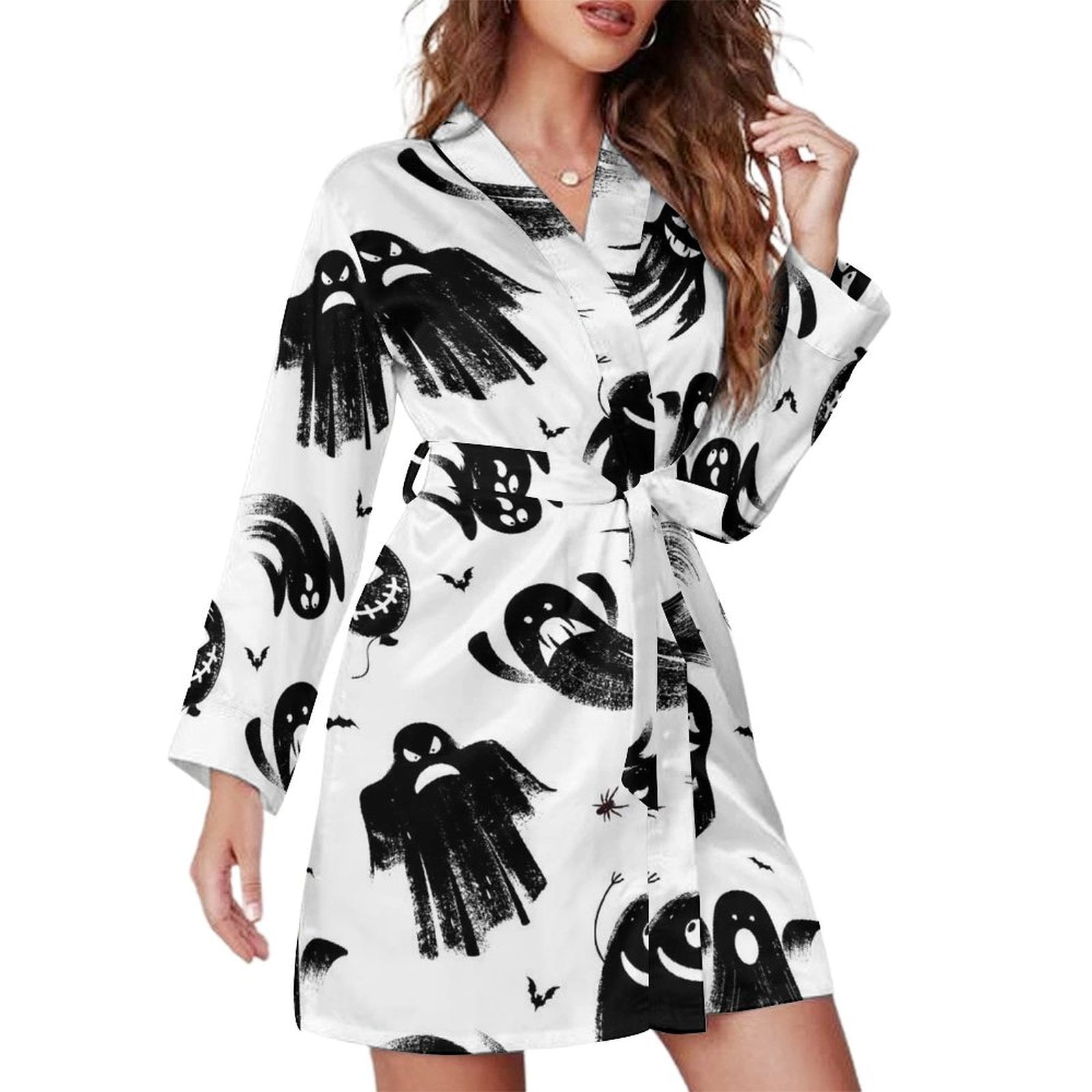 Short Robes Long Sleeve for Women - Funny Ghost Patterns Halloween Soft ...