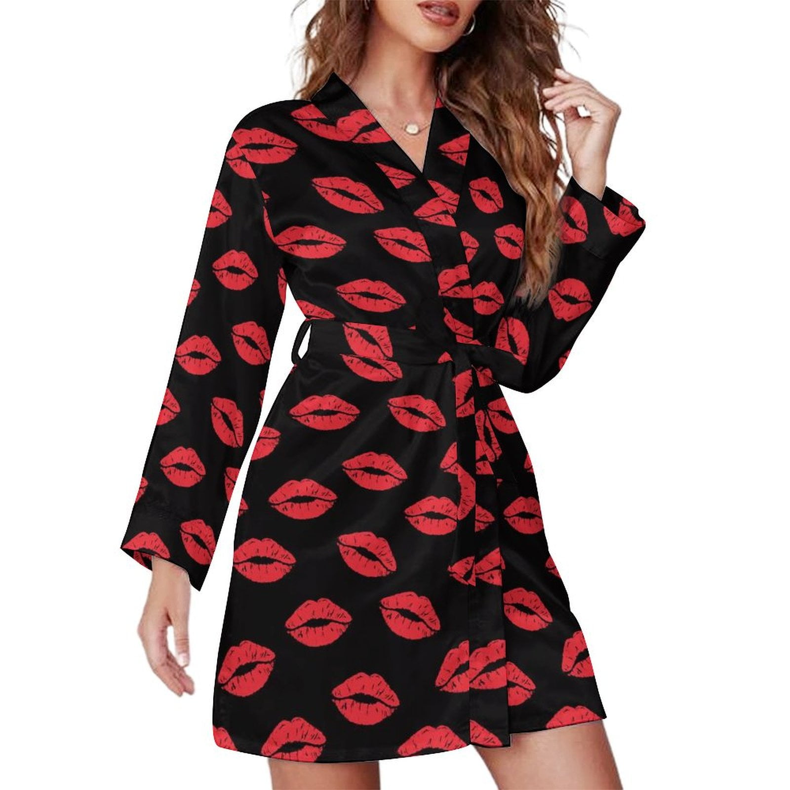 Short Robes Long Sleeve for Women, Sexy Red Lips Kiss Breathable Women ...