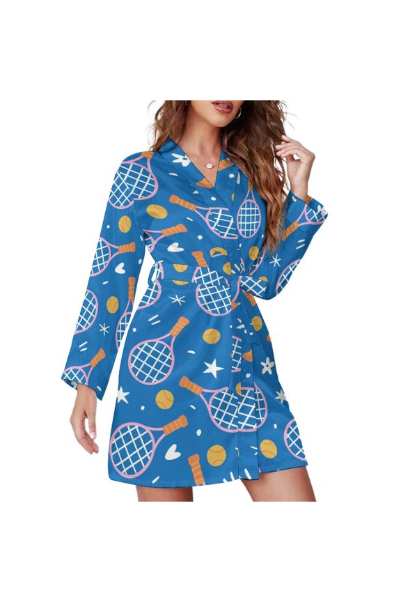 Short Robes Long Sleeve for Women - Tennis Soft Breathable Women's Belted Bathrobe Nightgown V Neck Sleepwear Loungewear Dressing Gown