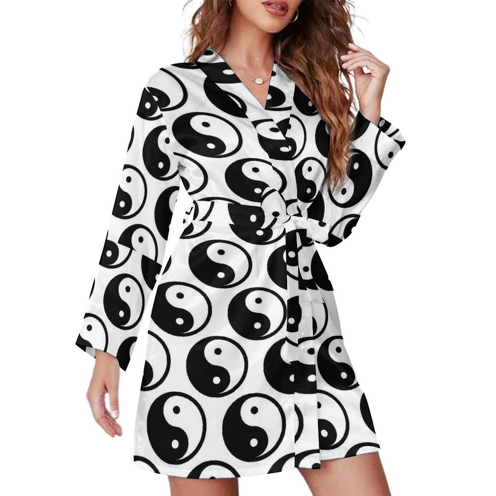 Yin Yang Robe Short Robes Long Sleeve for Women - Yin Yang Soft Women's Belted ...