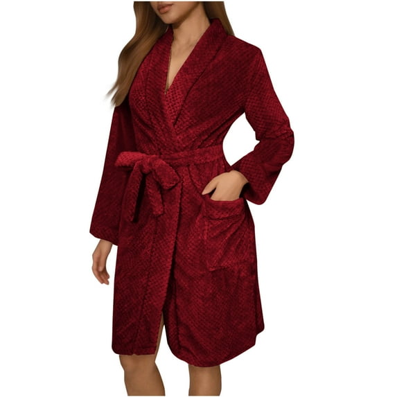Short Robes for Women Fleece Solid Color Premium Robes Plush Bathrobe Soft Nightgown with Belt Wine L