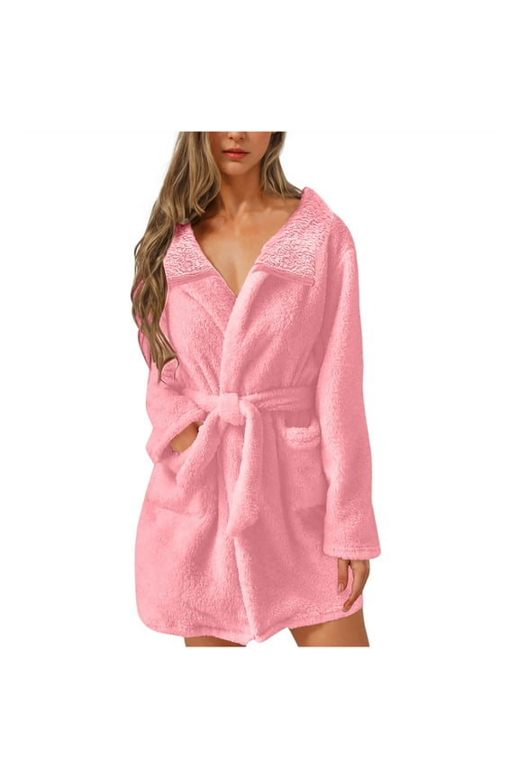 Short Robes for Women Plush Bathrobe Knee Length Warm Soft Lapel Spa Robe Winter House Coat with Pockets