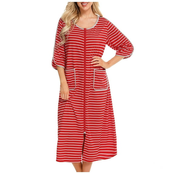 Short Robes for Women Women Long House Coat Zipper Front Robes Full Length Nightgowns with Pockets Striped Loungewear S-7 Red-a S