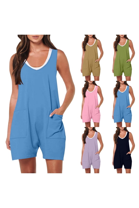 Short Romper Jumpsuits for Women Shorts Summer 2026 Casual Loose Sleeveless Tank Overalls Jumpers with 2 Pockets (M, Sky Blue)