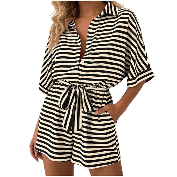 Short Rompers for Women Dressy Casual Striped Button Up Short Sleeve Jumpsuit Shorts with Belt Pockets (L, Gray)