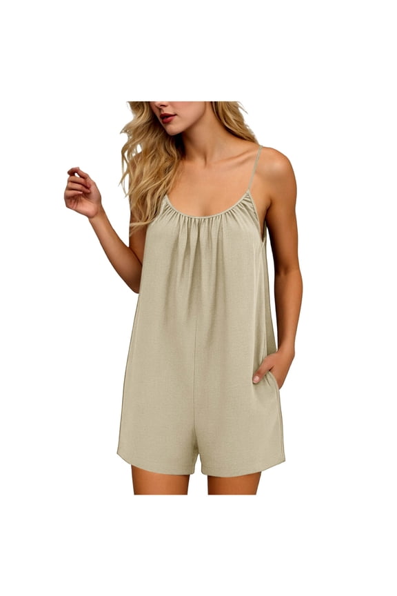 Short Rompers for Women Solid Color Backless Ties Cotton Linen Adjustable Strap Wide Leg Jumpsuit for Summer Vacation Travel