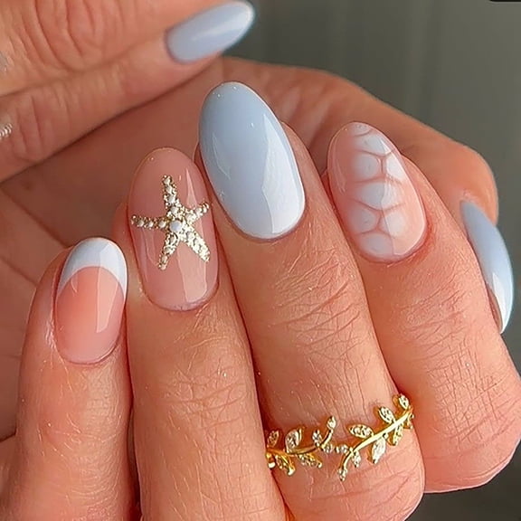 Short Round French Nail Tips, Blue Croc Print Star Pattern Wearable Press On Nails for Women