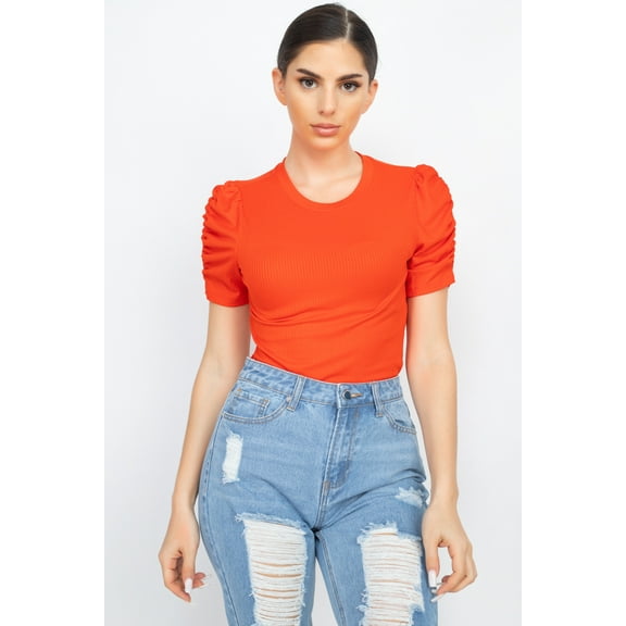 Short Ruching Sleeve Top Red Orange S