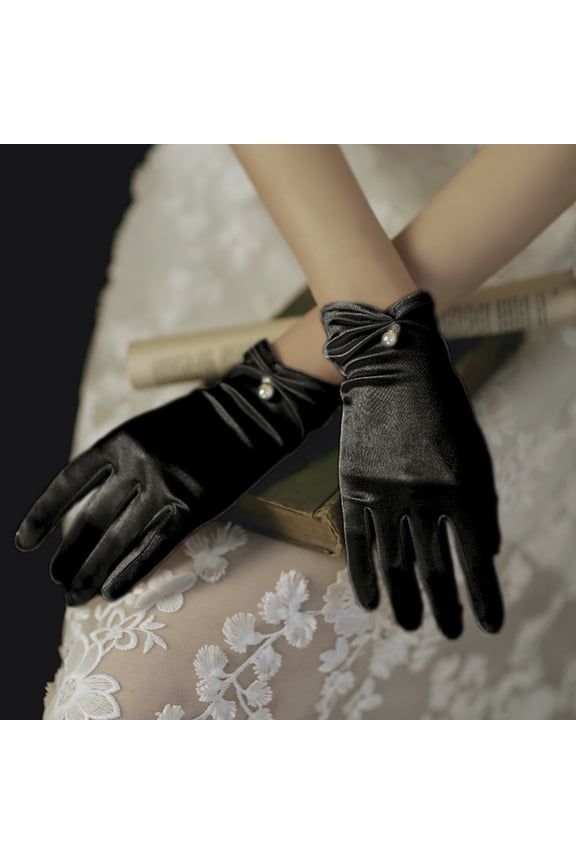 Short Satin Gloves for Women, Wrist Length White Satin Pearl Gloves Wedding Bridal Gloves Uniform Gloves Opera Banquet 1920s Flapper Accessories Floral Tea Party Tuxedo Gloves