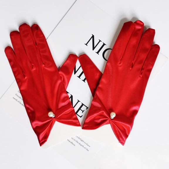 Short Satin Gloves for Women, Wrist Length White Satin Pearl Gloves Wedding Bridal Gloves Uniform Gloves Opera Banquet 1920s Flapper Accessories Floral Tea Party Tuxedo Gloves