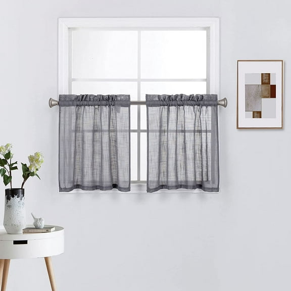 Short Semi Sheer Kitchen Curtain Tiers 24 inch Long for Half Windows or Any Small Window 1 Pair, (27"W x 24"L, Grey)