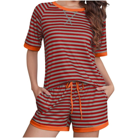 Short Set for Women Women's Striped Lounge Set 2 Piece Loose Fit Set Crewneck Top and Drawstring Short Lightweight Soft Sleepwear