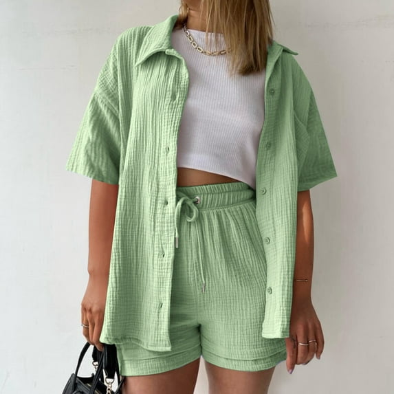 Short Set Two Piece Outfits Sets Button Down Shirt Short Summer Sets Matching Set Women