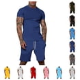 thumbnail image 1 of Short Sets 2 Piece Outfits Men Fashion Summer Tracksuits Casual Short Sleeve Crew neck Shirt and Shorts Set Dark Blue L, 1 of 6