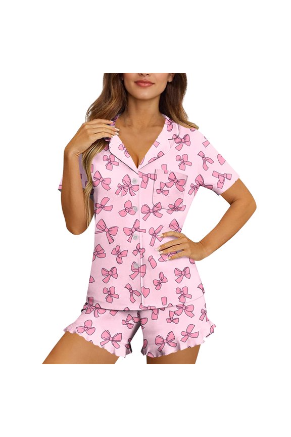 Short Sets Women 2 Piece Outfits Summer,Women Short Sleeve Pajamas Set Button Down 2 Piece Pjs Shorts Set Ruffle Lounge Set Sleepwears