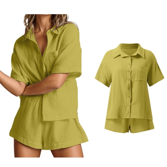 Short Sets Women 2 Piece Set Button Down Blouse and Shorts Womens Spring Outfits Matching Set
