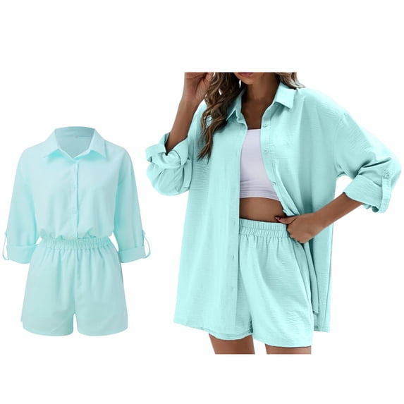 Short Sets Women Two Piece Outfits for Women Button Up Shirts and Shorts Spring Sets Biker Short Set