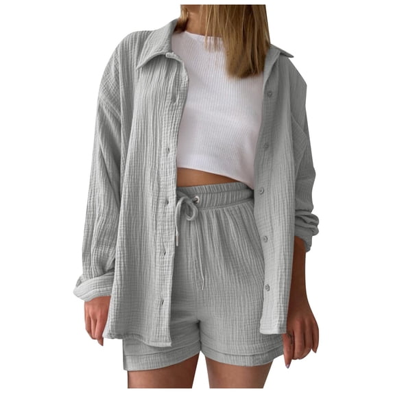 Short Sets Women Two Piece Sets Button Down Blouse and Shorts Cute Summer Outfits Biker Short Set