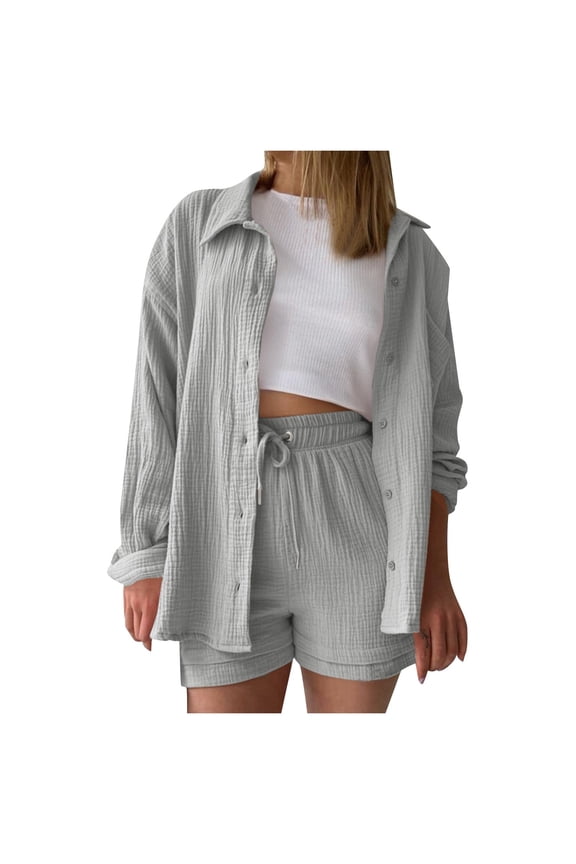 Short Sets Women Two Piece Sets Button Down Blouse and Shorts Cute Summer Outfits Biker Short Set