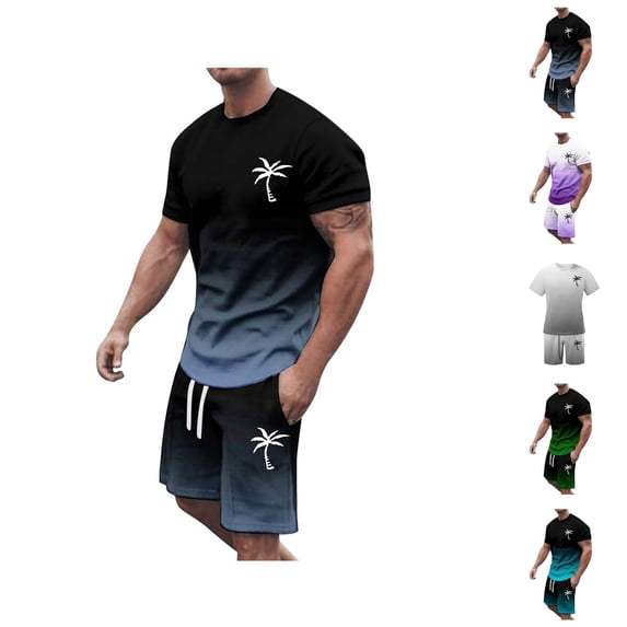 Short Sets for Men Coconut Tree Print Gradient Color T Shirt and Shorts 2 Piece Matching Set Beach Vacation Outfit Set
