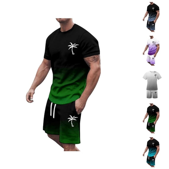 Short Sets for Men Coconut Tree Print Gradient Color T Shirt and Shorts 2 Piece Matching Set Beach Vacation Outfit Set