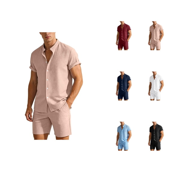 Short Sets for Men Corduroy Short Sleeve Button Down Band Collar Shirt and Shorts 2 Piece Matching Set Summer Outfits