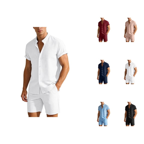 Short Sets for Men Corduroy Short Sleeve Button Down Band Collar Shirt and Shorts 2 Piece Matching Set Summer Outfits