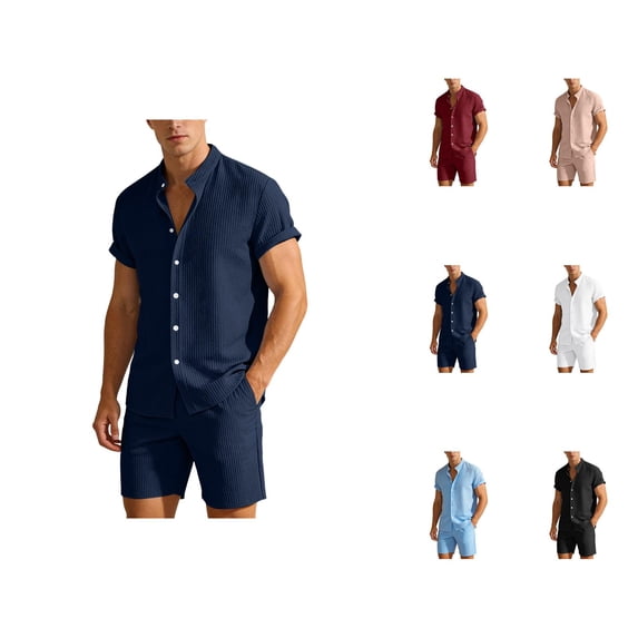 Short Sets for Men Corduroy Short Sleeve Button Down Band Collar Shirt and Shorts 2 Piece Matching Set Summer Outfits