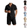 thumbnail image 1 of Short Sets for Men Cotton Linen Button Down Collared Shirt and Shorts 2 Piece Matching Set Mens Summer Outfits, 1 of 6