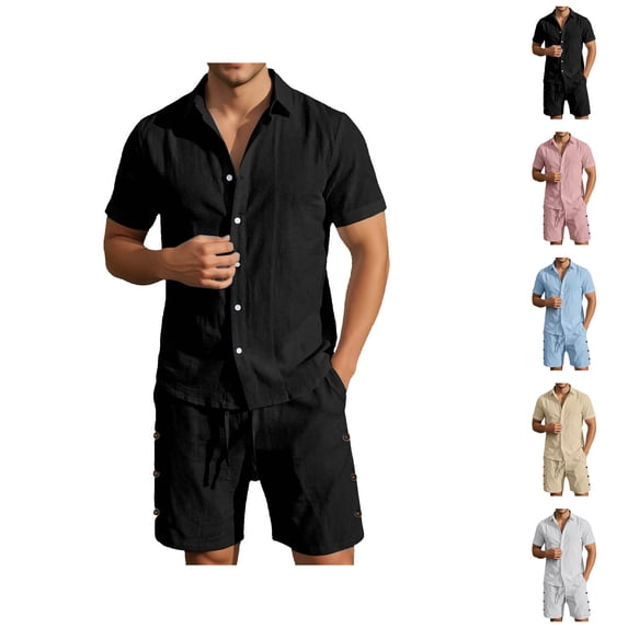Short Sets for Men Cotton Linen Button Down Collared Shirt and Shorts 2 Piece Matching Set Mens Summer Outfits