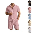 thumbnail image 1 of Short Sets for Men Cotton Linen Button Down Collared Shirt and Shorts 2 Piece Matching Set Mens Summer Outfits, 1 of 6