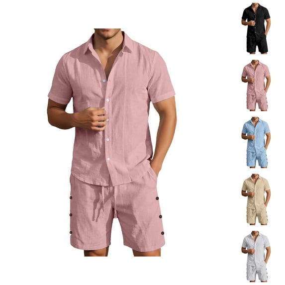 Short Sets for Men Cotton Linen Button Down Collared Shirt and Shorts 2 Piece Matching Set Mens Summer Outfits