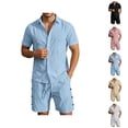 thumbnail image 1 of Short Sets for Men Cotton Linen Button Down Collared Shirt and Shorts 2 Piece Matching Set Mens Summer Outfits, 1 of 6