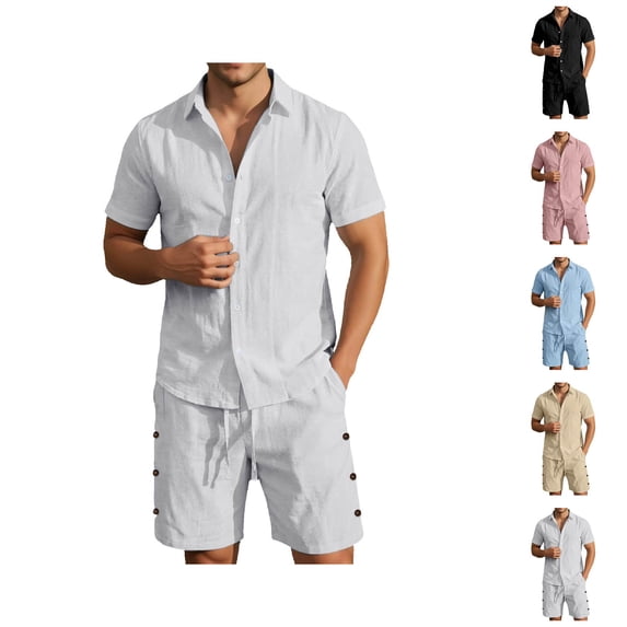 Short Sets for Men Cotton Linen Button Down Collared Shirt and Shorts 2 Piece Matching Set Mens Summer Outfits
