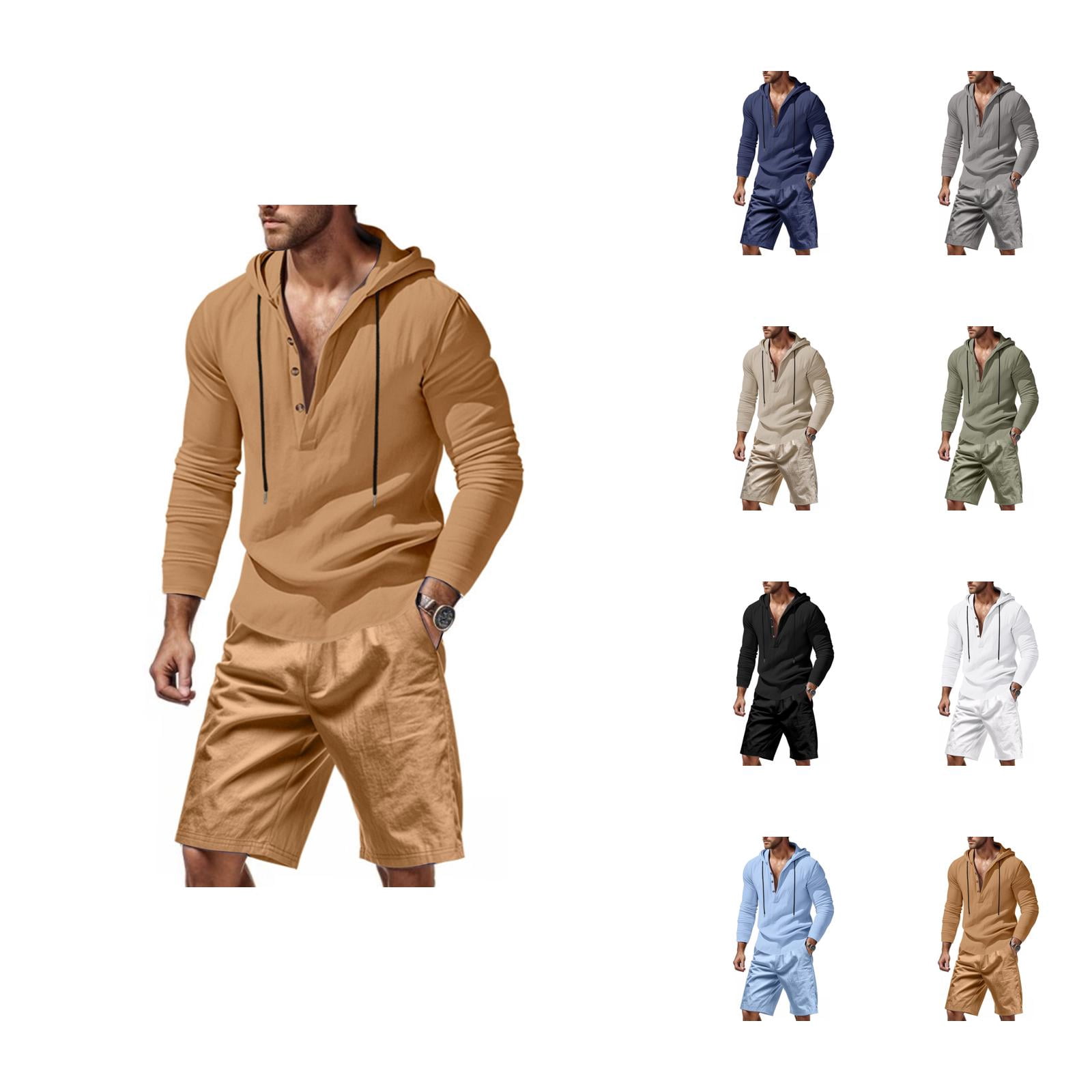 Short Sets for Men Cotton Linen Long Sleeve Hooded Shirt and Bermuda ...