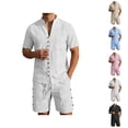 thumbnail image 1 of Short Sets for Men Cotton Linen Short Sleeve Button V Neck Stand Collar Shirt and Shorts 2 Piece Matching Set Summer Outfits, 1 of 5