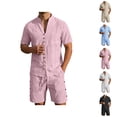 thumbnail image 1 of Short Sets for Men Cotton Linen Short Sleeve Button V Neck Stand Collar Shirt and Shorts 2 Piece Matching Set Summer Outfits, 1 of 5