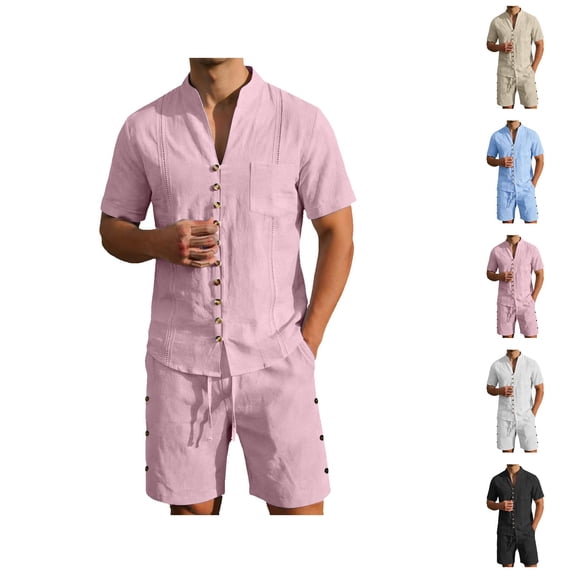 Short Sets for Men Cotton Linen Short Sleeve Button V Neck Stand Collar Shirt and Shorts 2 Piece Matching Set Summer Outfits