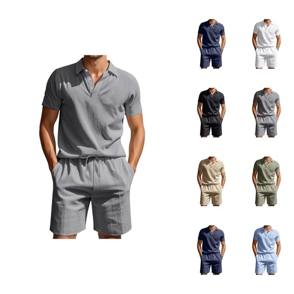 Short Sets for Men Cotton Linen Short Sleeve Polo Shirt and Shorts 2 Piece Matching Set Lightweight Summer Outfits