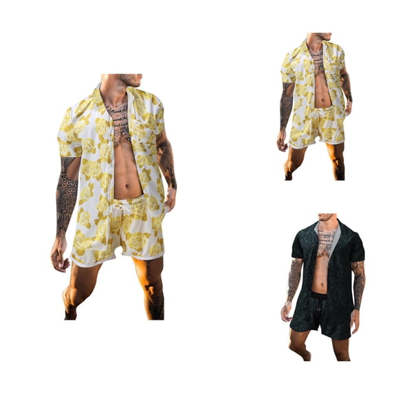 Short Sets for Men Floral Print Short Sleeve Button Collared Shirt and Shorts 2 Piece Matching Set Beach Outfit Set