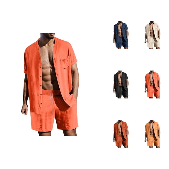 Short Sets for Men Lightweight Short Sleeve Button Down Stand Collar Shirt and Shorts 2 Piece Matching Set Summer Outfits