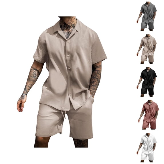 Short Sets for Men Lightweight Short Sleeve Button Notch Collar Shirt and Shorts 2 Piece Matching Set Summer Outfits