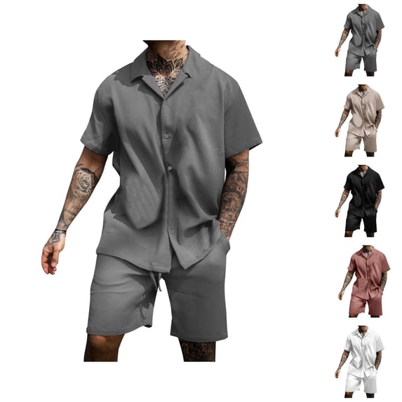 Short Sets for Men Lightweight Short Sleeve Button Notch Collar Shirt and Shorts 2 Piece Matching Set Summer Outfits