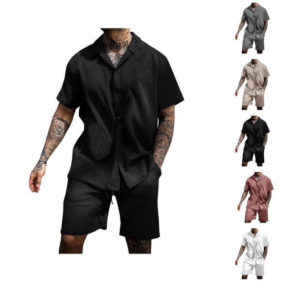 Short Sets for Men Lightweight Short Sleeve Button Notch Collar Shirt and Shorts 2 Piece Matching Set Summer Outfits