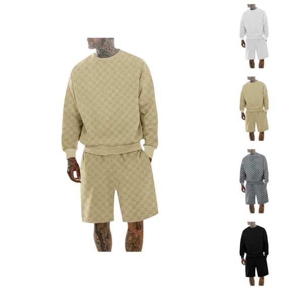 Short Sets for Men Long Sleeve Crewneck Shirt and Wide Straight Leg Shorts 2 Piece Matching Set Mens Summer Outfits