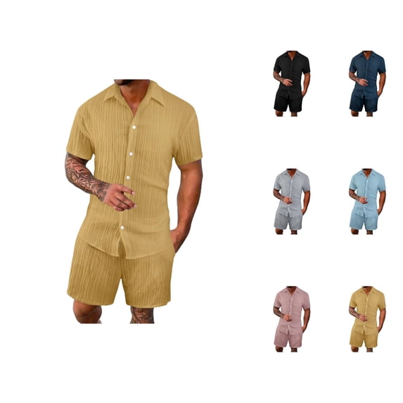Short Sets for Men Short Sleeve Button Down Collared Shirt and Bermuda Shorts 2 Piece Matching Set Beach Outfit Set
