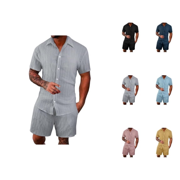 Short Sets for Men Short Sleeve Button Down Collared Shirt and Bermuda Shorts 2 Piece Matching Set Beach Outfit Set