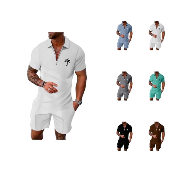 Short Sets for Men Short Sleeve Quarter Zip Polo Shirt and Bermuda Shorts 2 Piece Matching Set Beach Outfit Set