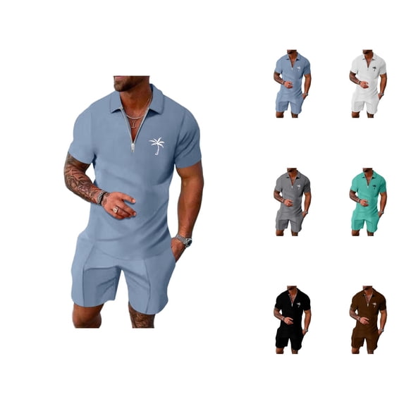 Short Sets for Men Short Sleeve Quarter Zip Polo Shirt and Bermuda Shorts 2 Piece Matching Set Beach Outfit Set
